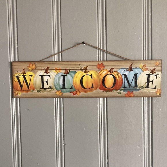 NWT Stunning Colorful Pumpkins Black Glittered Wooden Welcome Decoration Sign - Picture 13 of 17